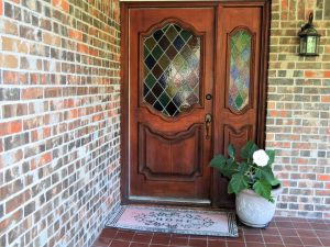 Decorative glass panels in the front door of a house in Hoffman Estates, Illinois